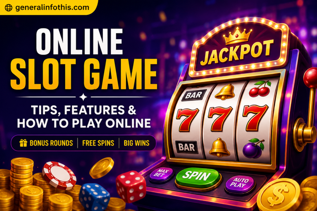 Online Slot Game guide featuring a slot machine, jackpot, free spins, bonus rounds, and GeneralInfoThis.com branding