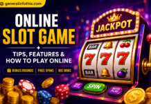 Online Slot Game guide featuring a slot machine, jackpot, free spins, bonus rounds, and GeneralInfoThis.com branding