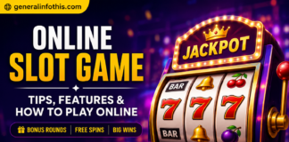 Online Slot Game guide featuring a slot machine, jackpot, free spins, bonus rounds, and GeneralInfoThis.com branding