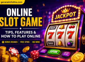 What Players Consider Before Choosing an Online Slot Game Online Slot Game guide featuring a slot machine, jackpot, free spins, bonus rounds, and GeneralInfoThis.com branding