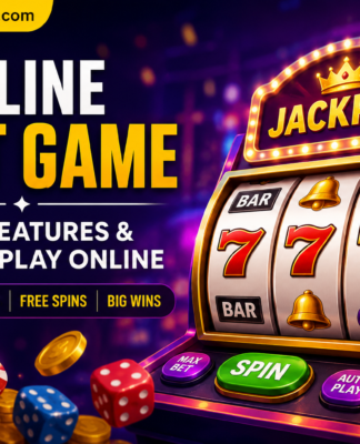 Online Slot Game guide featuring a slot machine, jackpot, free spins, bonus rounds, and GeneralInfoThis.com branding