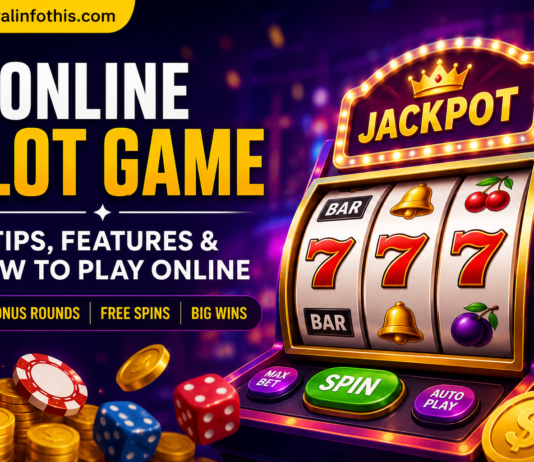 What Players Consider Before Choosing an Online Slot Game Online Slot Game guide featuring a slot machine, jackpot, free spins, bonus rounds, and GeneralInfoThis.com branding