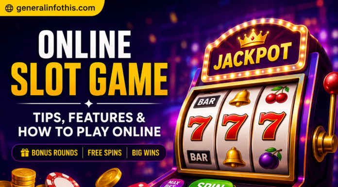 Online Slot Game guide featuring a slot machine, jackpot, free spins, bonus rounds, and GeneralInfoThis.com branding